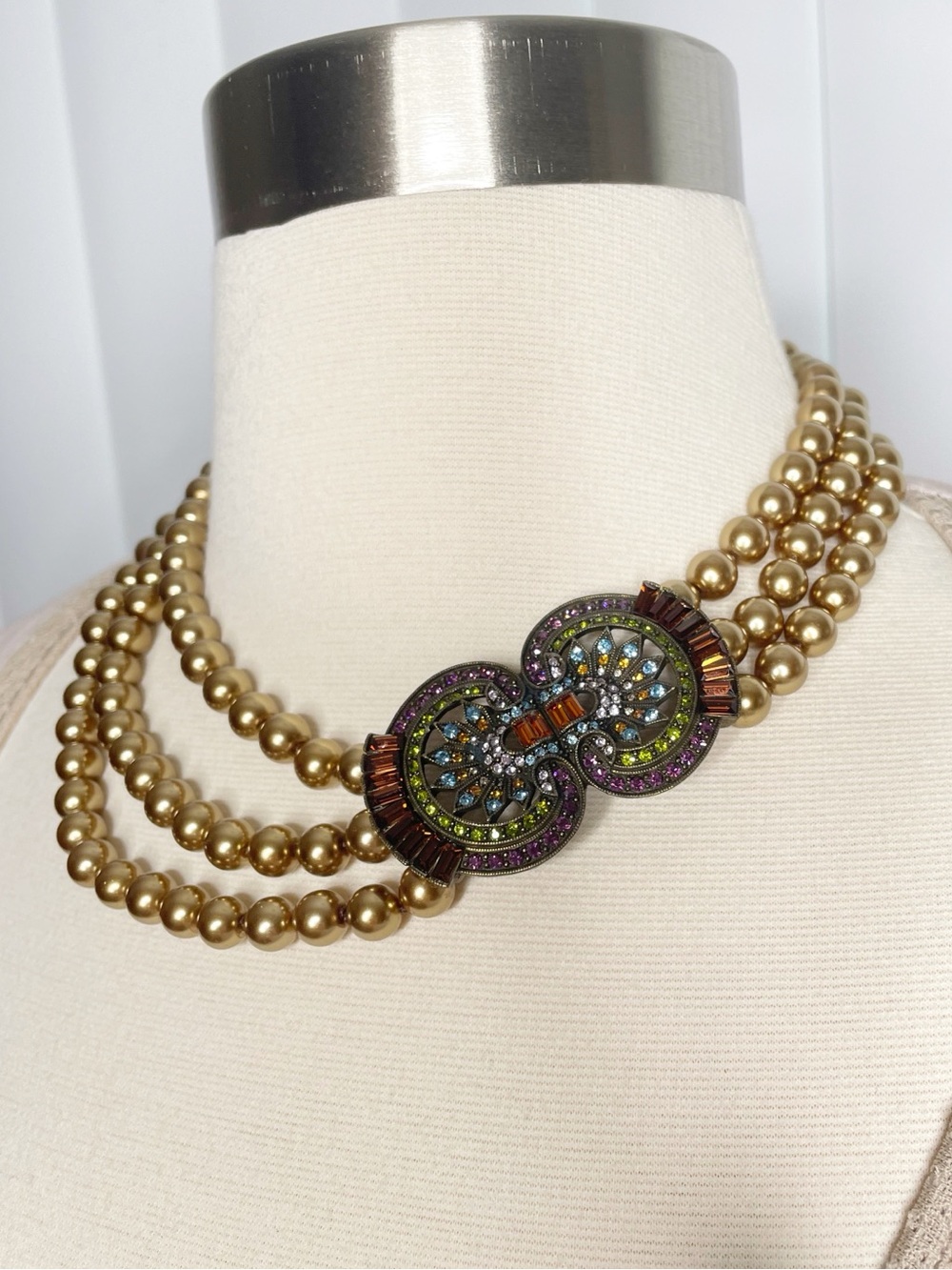 HEIDI DAUS Gold Pearls Crystals Choker Necklace Baguettes Pave Colorful Boho VTG
